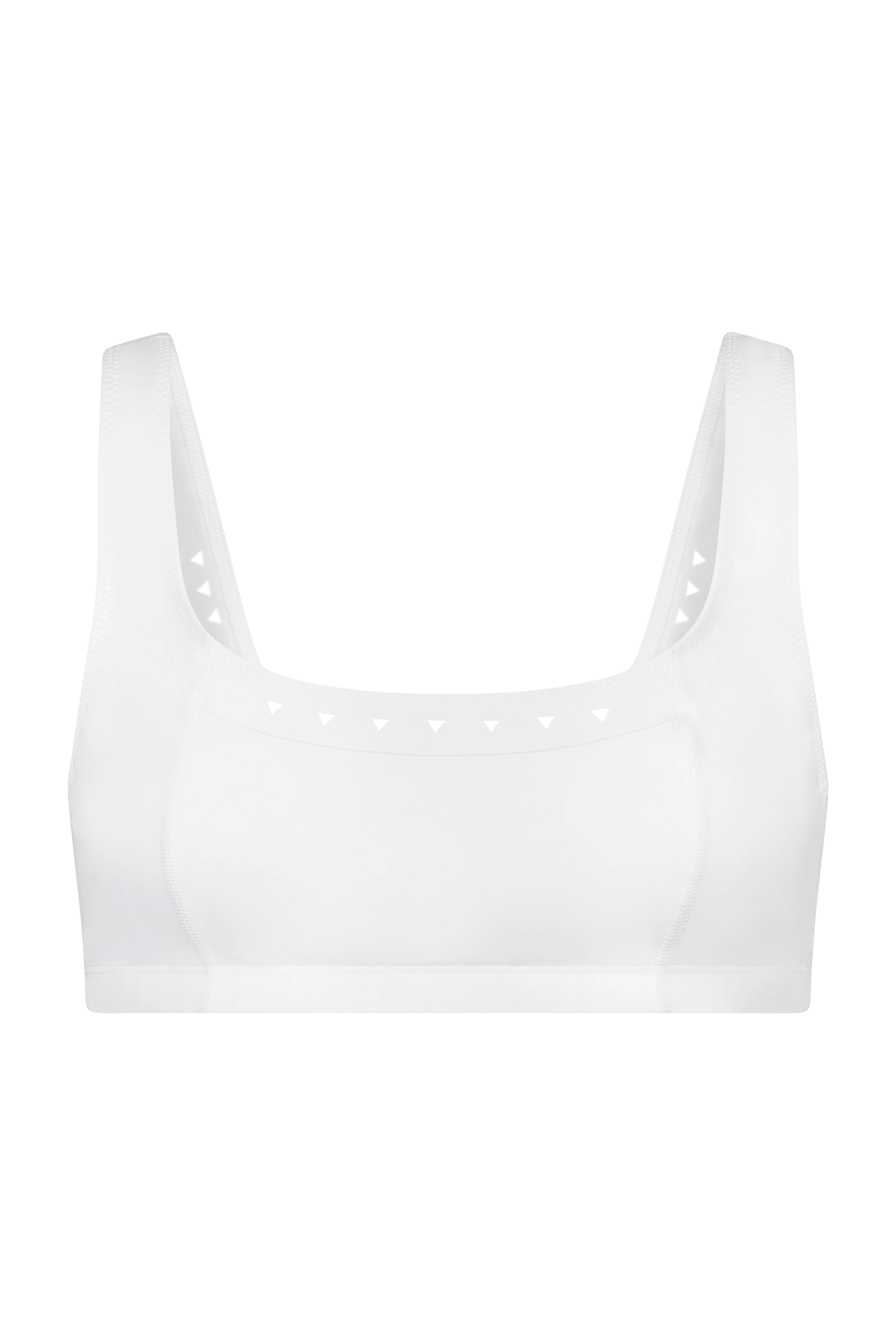 The Emily Bra by Gigi C Sport is a white, sleeveless tennis bra featuring a square neckline and triangle cut-out details along the inner straps. Made with breathable fabric and lasercut technology, it combines comfort and style in its simple, modern design.