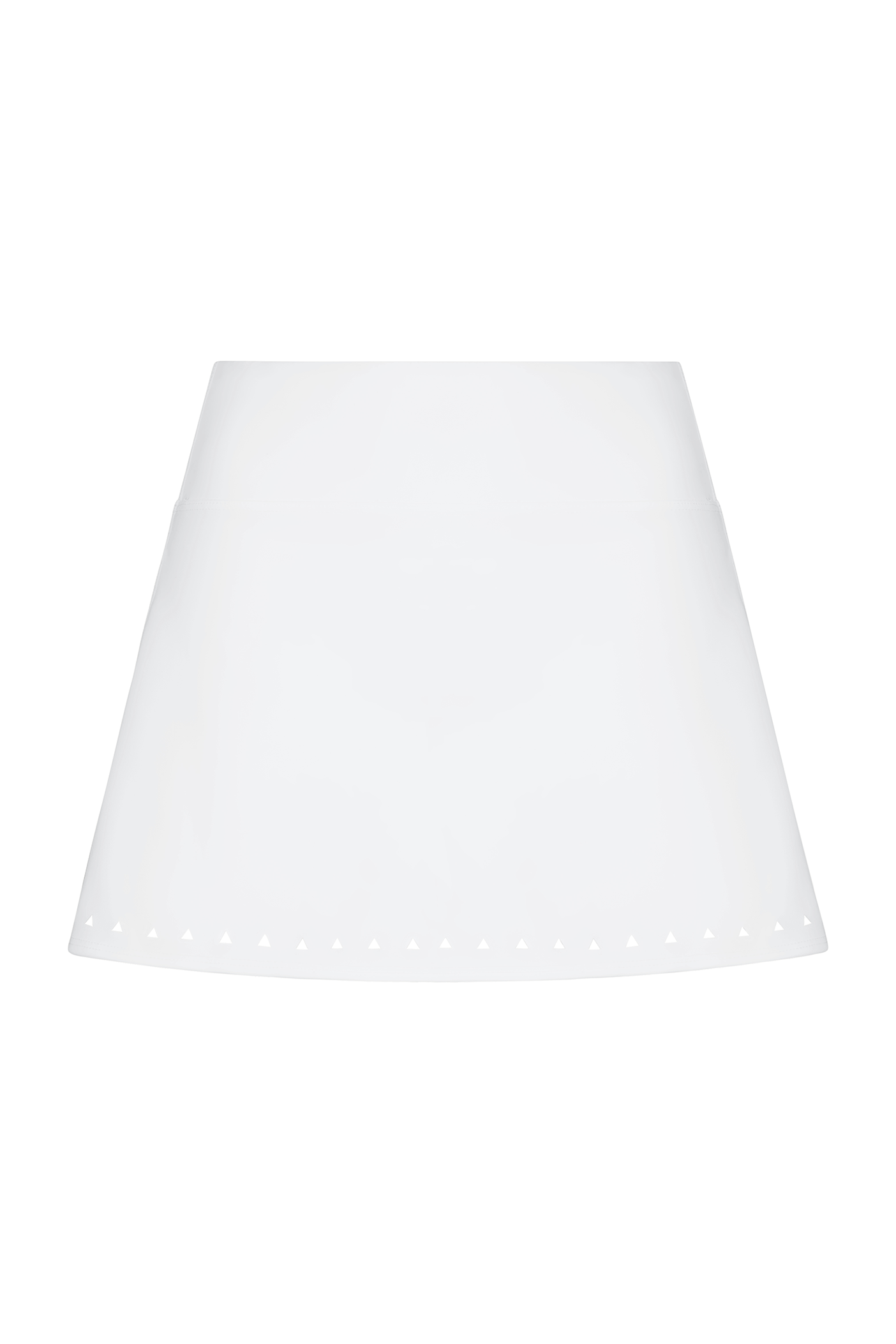 The white lampshade features a conical shape with a smooth surface reminiscent of the pleats on Gigi C Sports Susie Skirt, complemented by small triangular cutouts at the bottom.