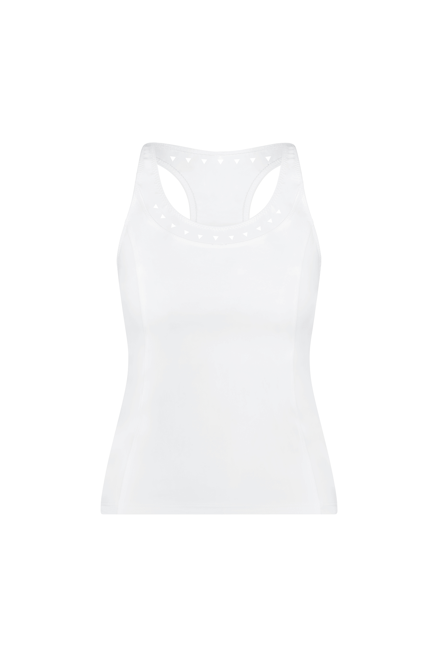 The Gigi C Sport Roberta Tank is a white slim-fit racerback top featuring a subtle heart pattern trim on the neckline and armholes. Its breathable fabric offers a soft, slightly sheer appearance for an effortlessly lightweight look.