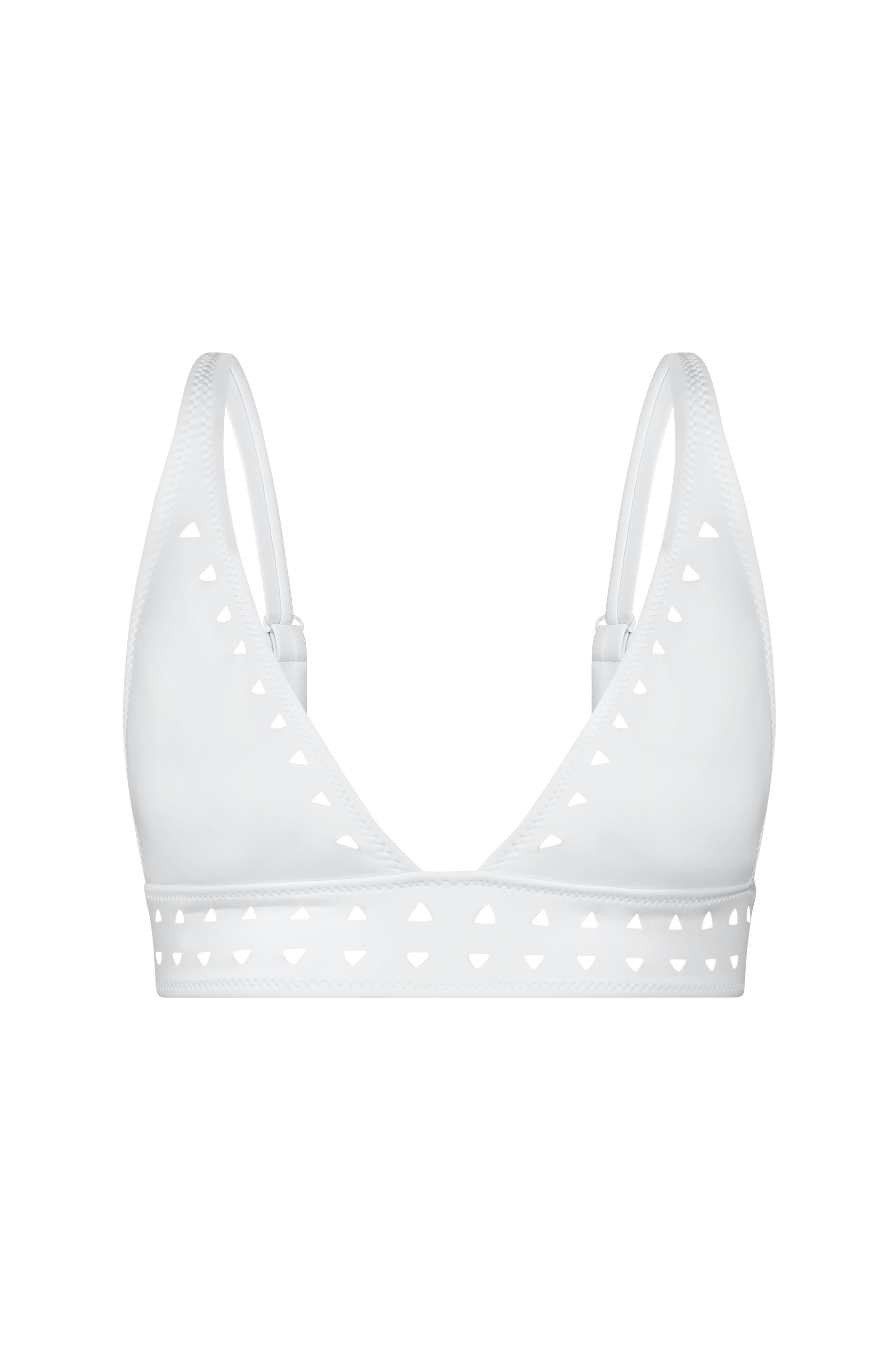 Introducing the Angelica Top by Gigi C Bikinis—a light gray bralette with elegant triangular cut-outs on the straps and band made using lasercut technology, beautifully set against a plain white backdrop.