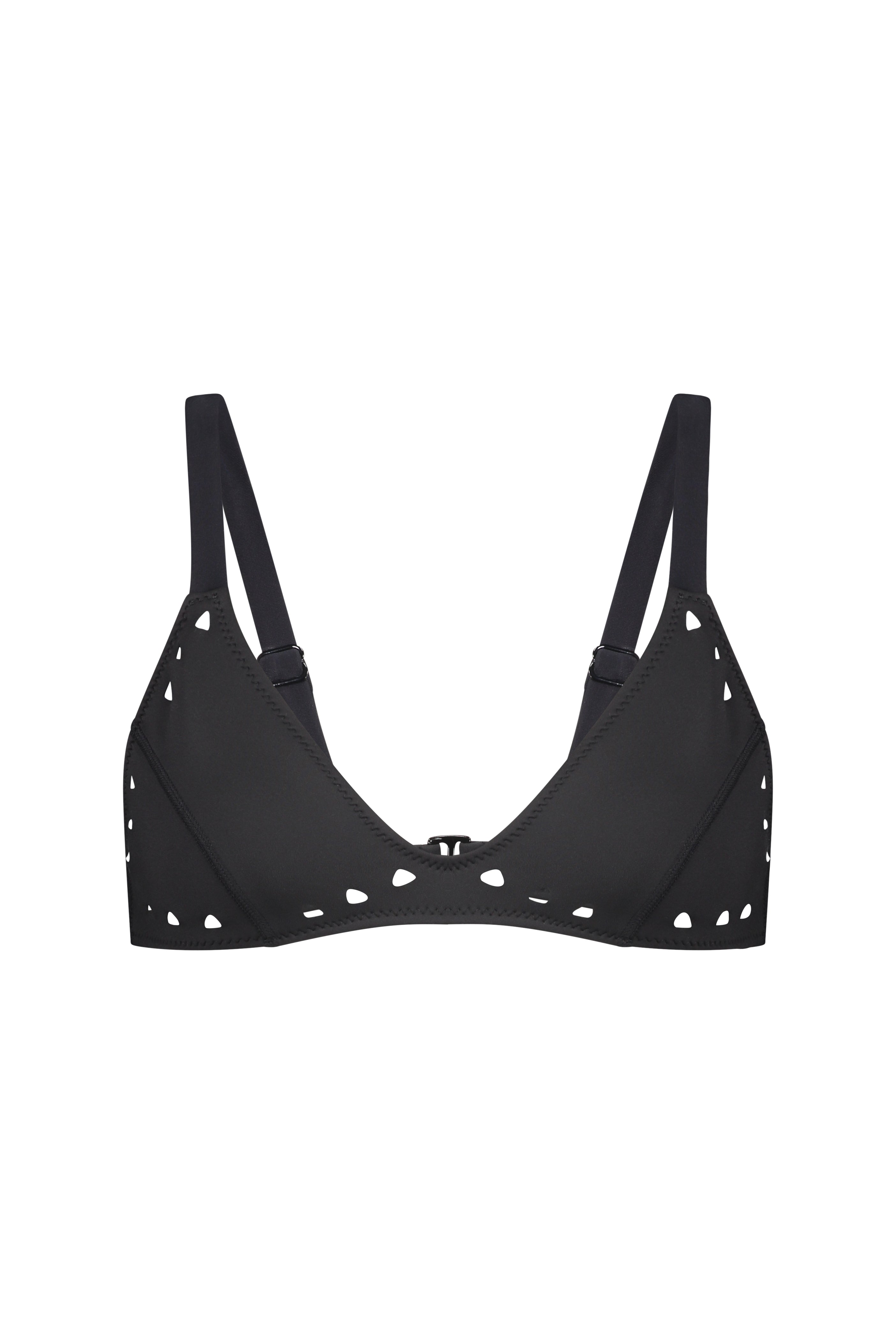 The Georgia Top by Gigi C Bikinis is a black bralette with a semi-sweetheart neckline, narrow adjustable straps, and a delightful heart-shaped cutout pattern along the edges.