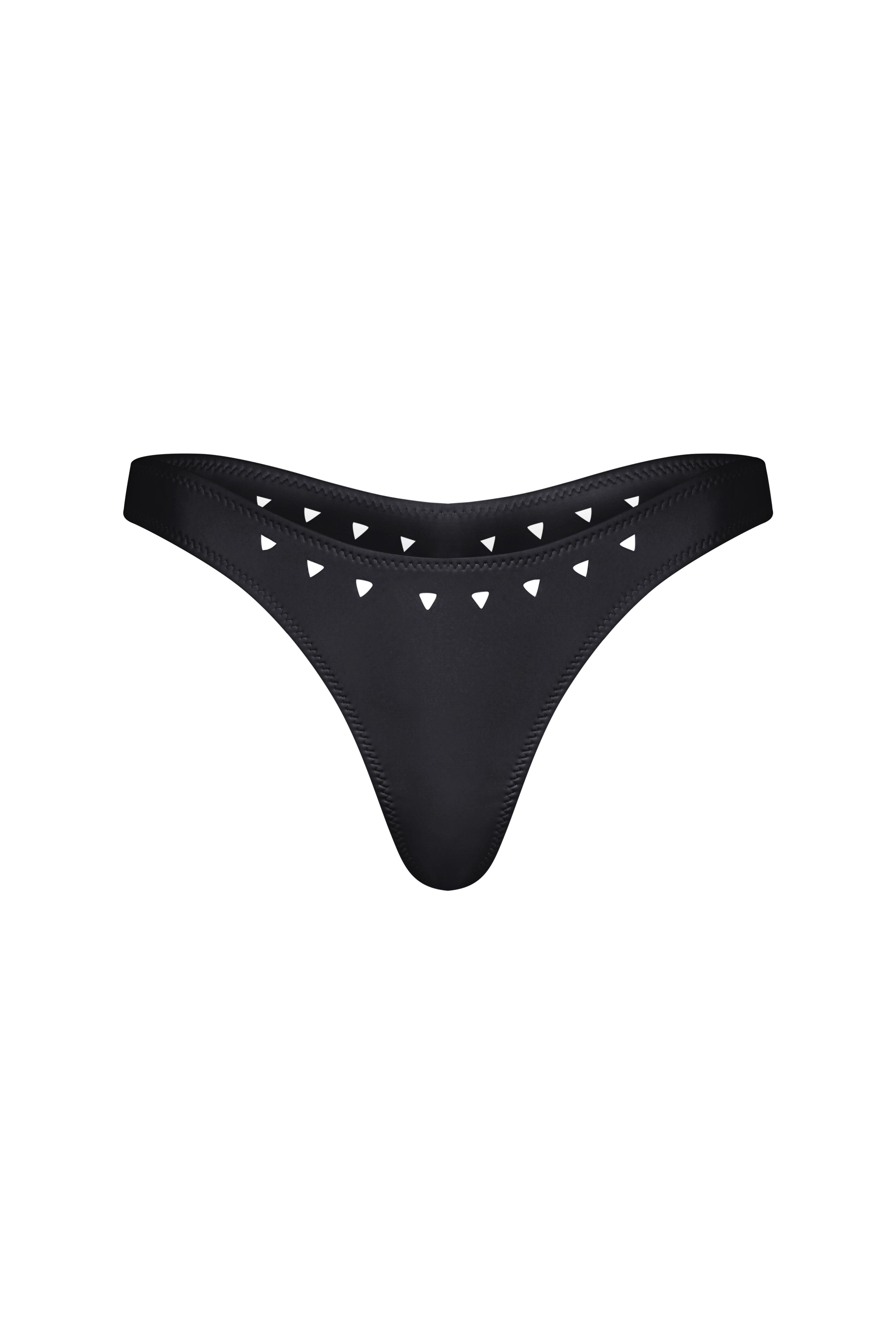 Brand Gigi C Bikinis Jaclyn Bottom is a high-leg, black bikini bottom with triangle cutouts on the waistband and durable scuba flatlock seams against a plain white background.