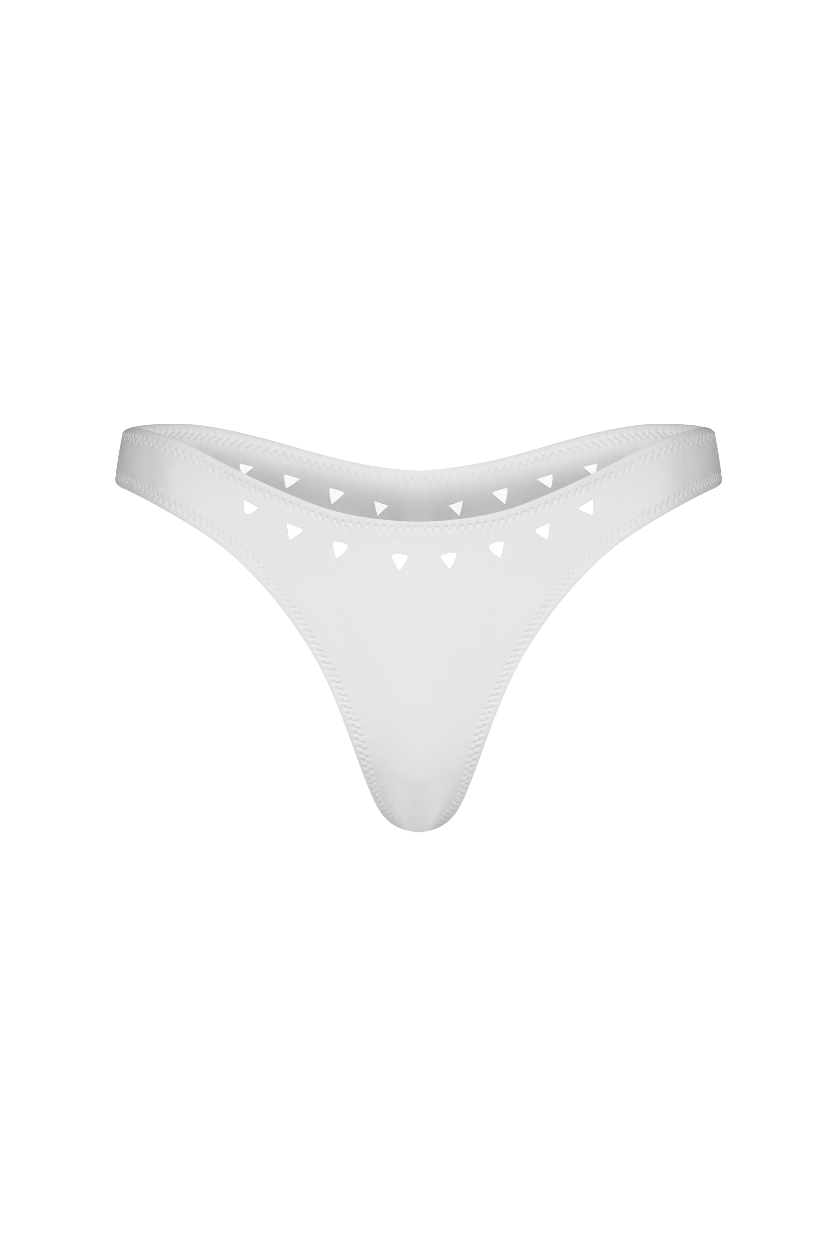 The Jaclyn Bottom by Gigi C Bikinis is a white thong with a retro high-leg design, featuring small triangular cut-outs along the waistband.