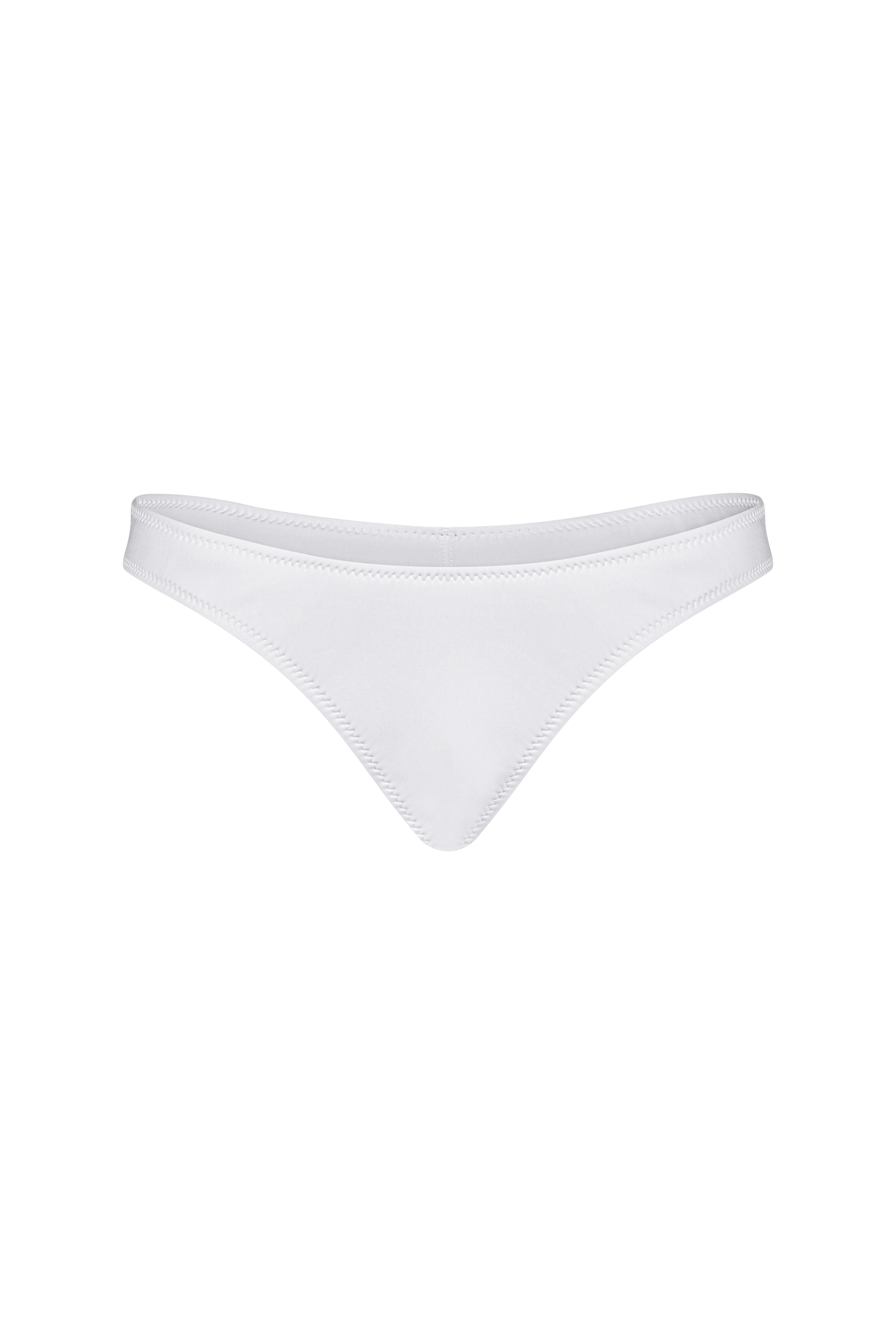 The Kimberly Bottoms by Gigi C Bikinis, crafted from silky scuba fabric, have a sleek design with minimal coverage. These white bikini bottoms are smooth, seamless, and feature a moderate rise with narrow sides and a subtle sheen.