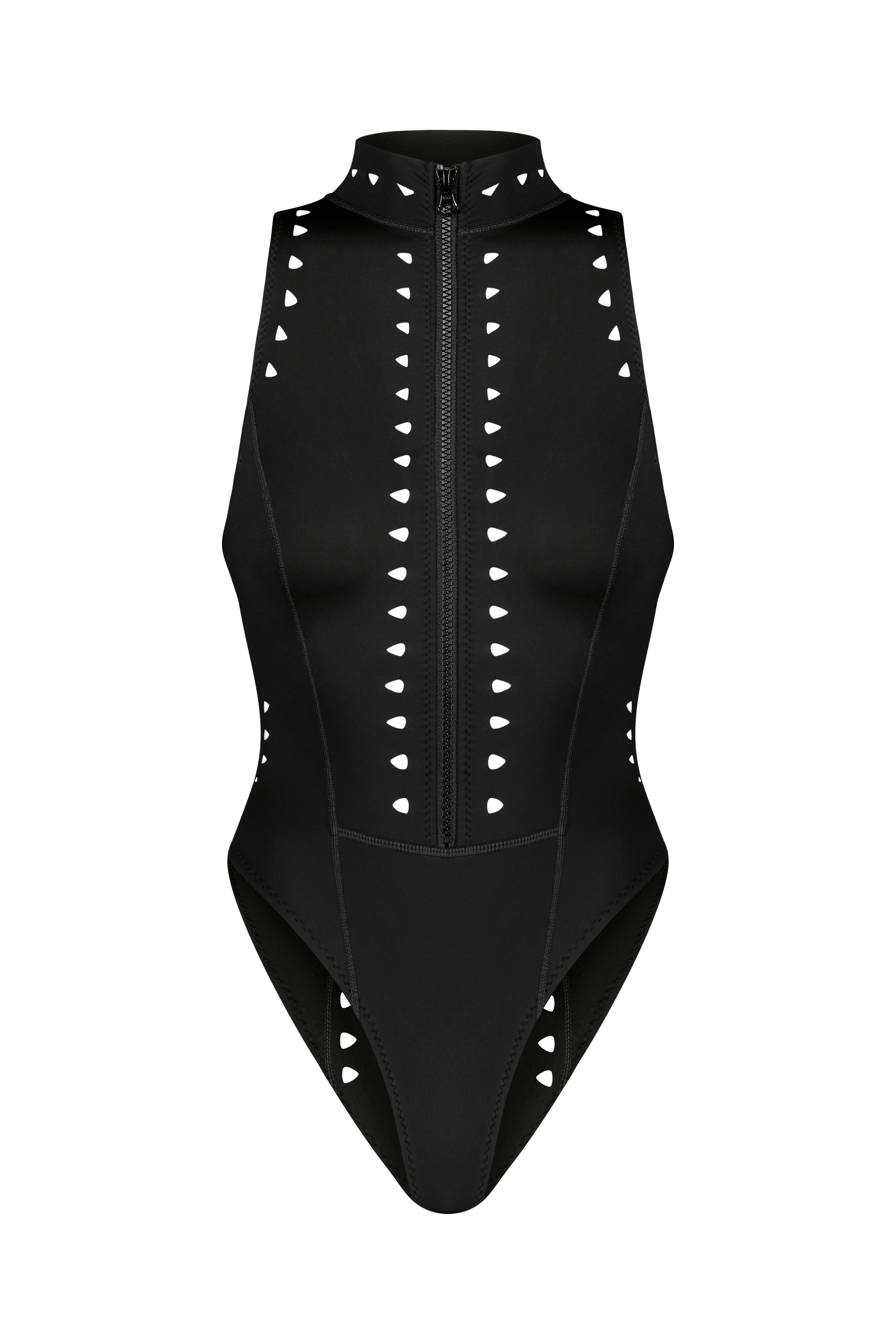 The Mathilda One Piece by Gigi C Bikinis is a black sleeveless surfsuit with a high neck and sleek front zipper, featuring striking cutout designs of symmetrical white triangles on the chest and sides.