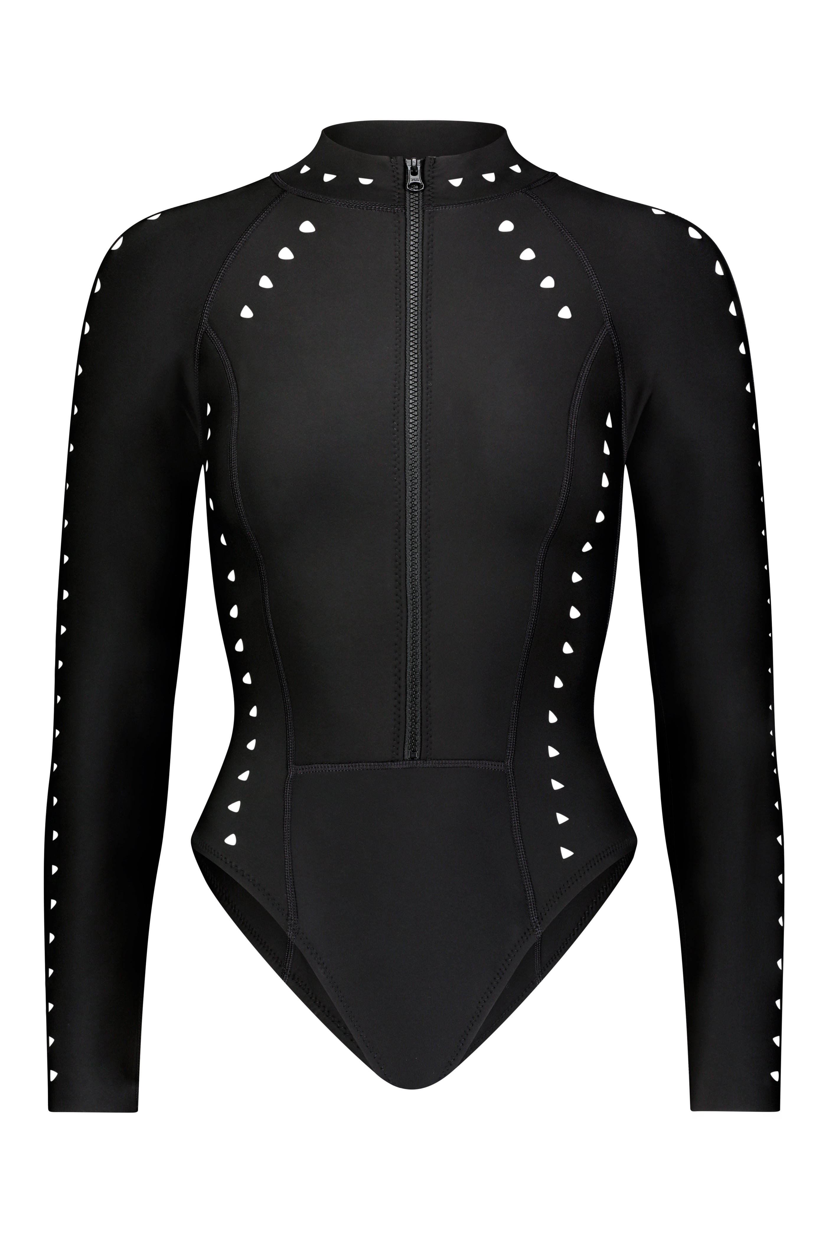 Introducing the Gigi C Bikinis Riley Surfsuit, a black long-sleeve bodysuit in scuba fabric highlighted by a front zipper and accented with small white triangular patterns on the sleeves and side seams, creating a sleek geometric cutout design against the solid black background.