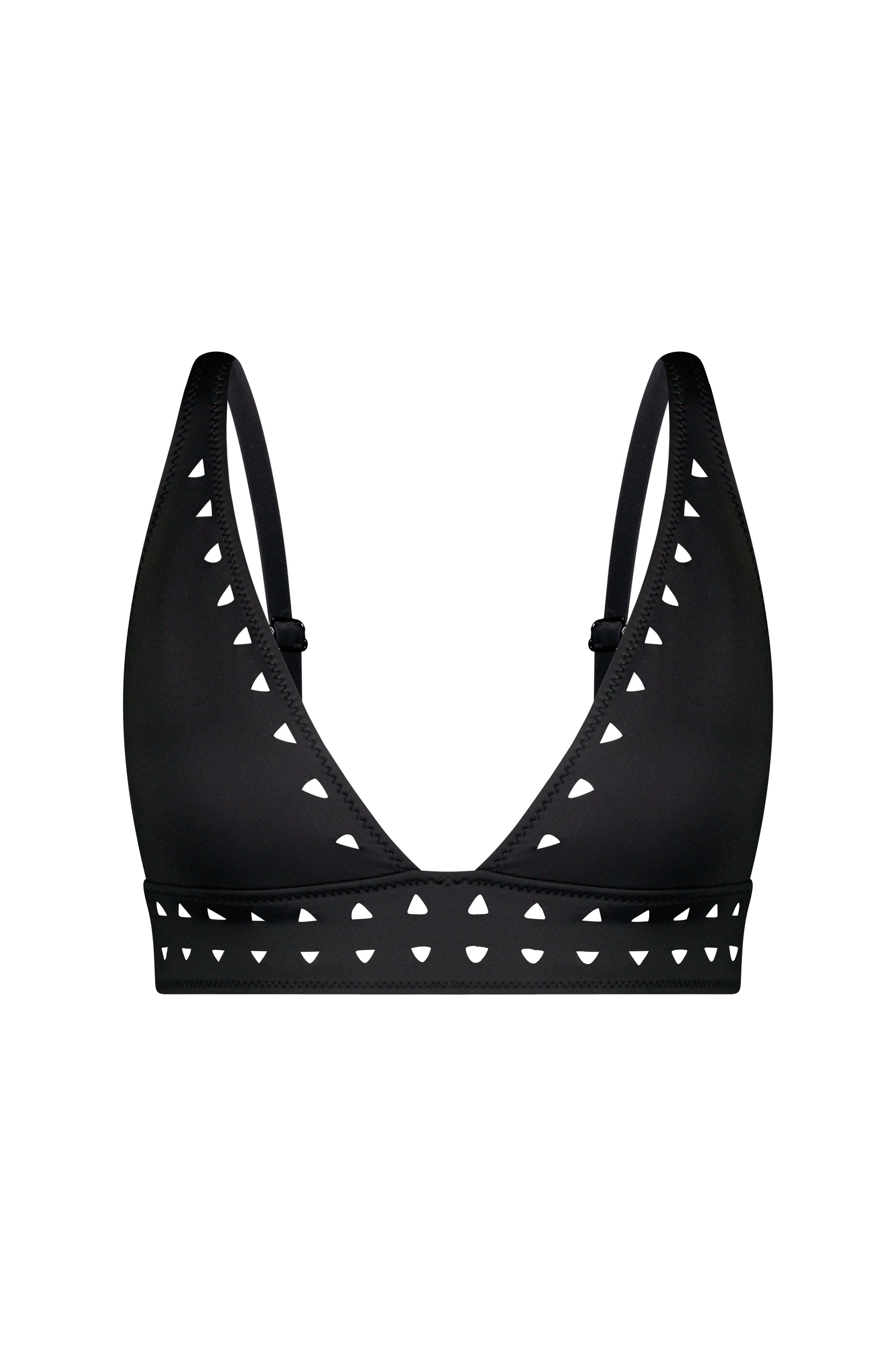 Introducing the Angelica Top by Gigi C Bikinis: a sleek black bralette with intricate triangular cut-outs via lasercut technology along the v-neckline and underband, completed with thin adjustable straps for contemporary elegance.